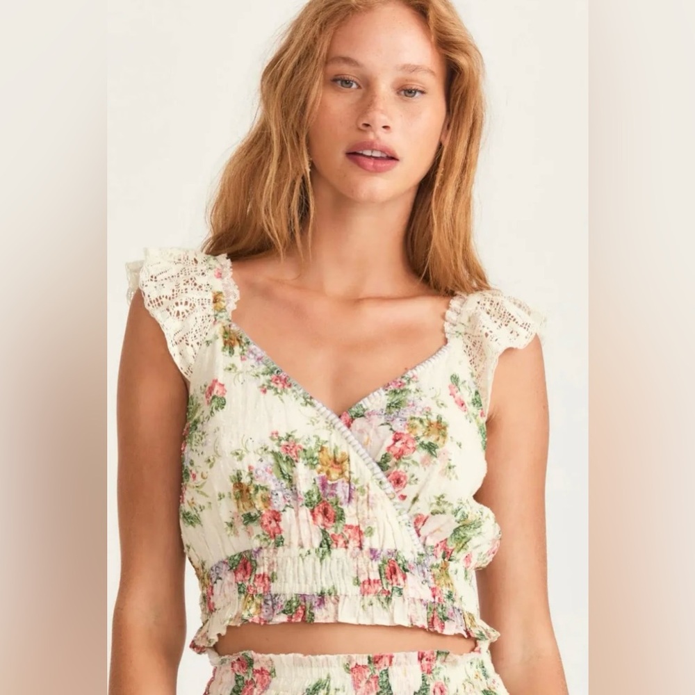 LoveShackFancy Cream Floral Cropped Ruffle Blouse